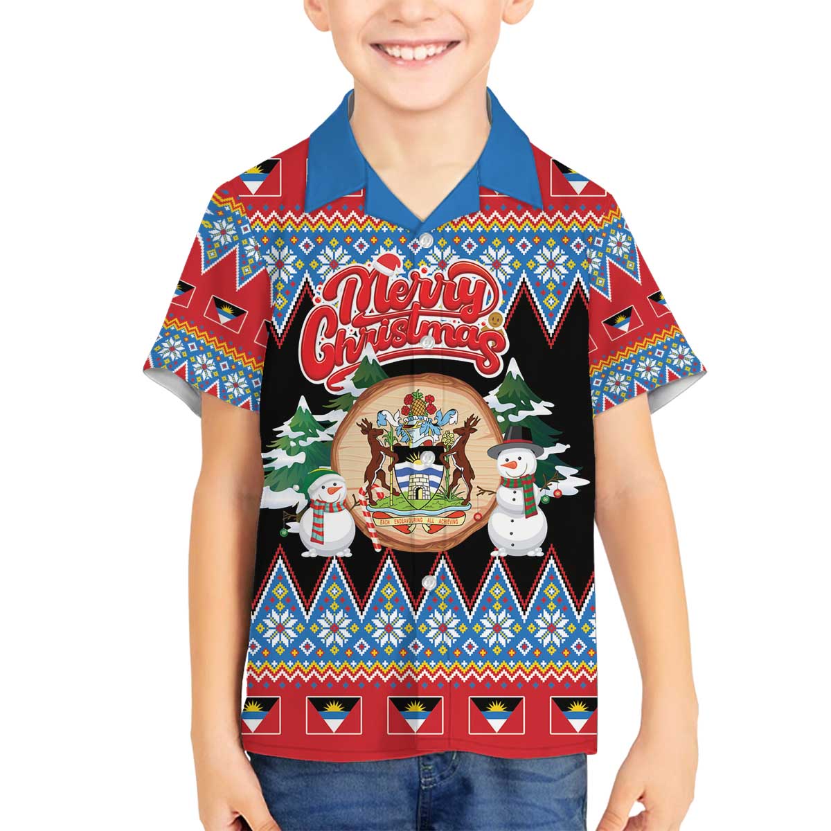 Personalized Antigua and Barbuda Christmas Family Matching Off The Shoulder Long Sleeve Dress and Hawaiian Shirt Coat Of Arms With Snowman - Wonder Print Shop