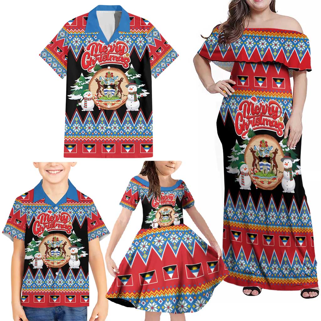 Personalized Antigua and Barbuda Christmas Family Matching Off Shoulder Maxi Dress and Hawaiian Shirt Coat Of Arms With Snowman - Wonder Print Shop