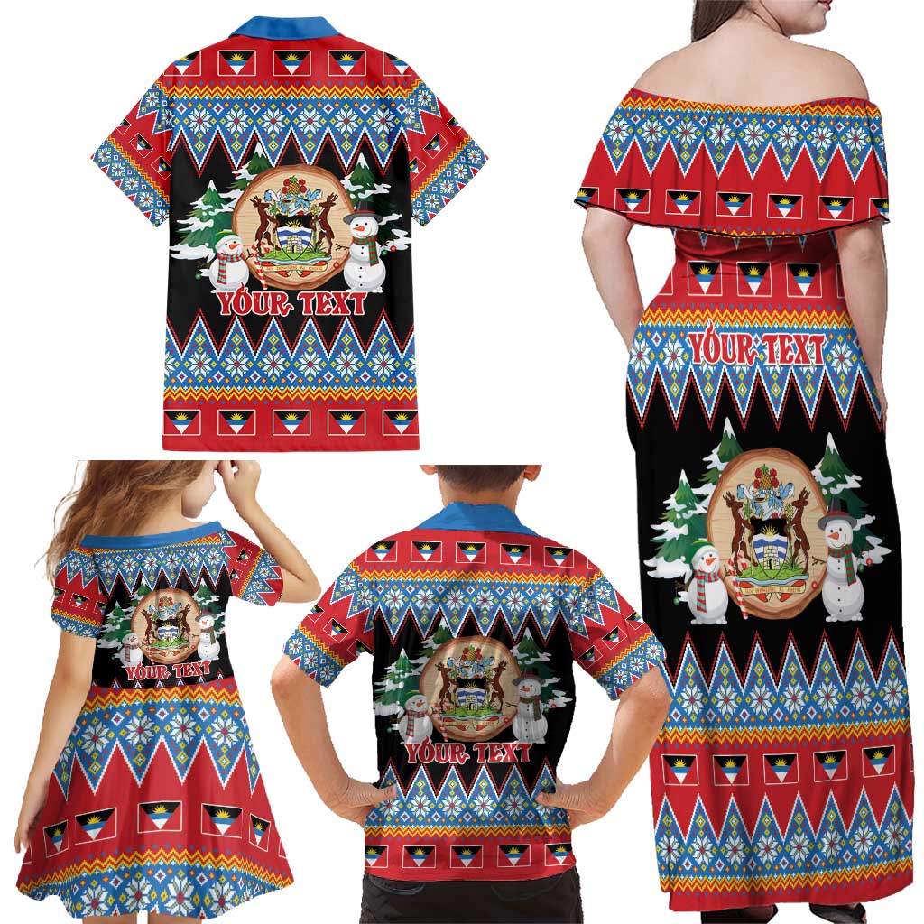 Personalized Antigua and Barbuda Christmas Family Matching Off Shoulder Maxi Dress and Hawaiian Shirt Coat Of Arms With Snowman - Wonder Print Shop