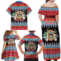 Personalized Antigua and Barbuda Christmas Family Matching Off Shoulder Maxi Dress and Hawaiian Shirt Coat Of Arms With Snowman - Wonder Print Shop