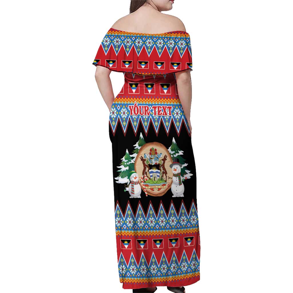 Personalized Antigua and Barbuda Christmas Family Matching Off Shoulder Maxi Dress and Hawaiian Shirt Coat Of Arms With Snowman - Wonder Print Shop
