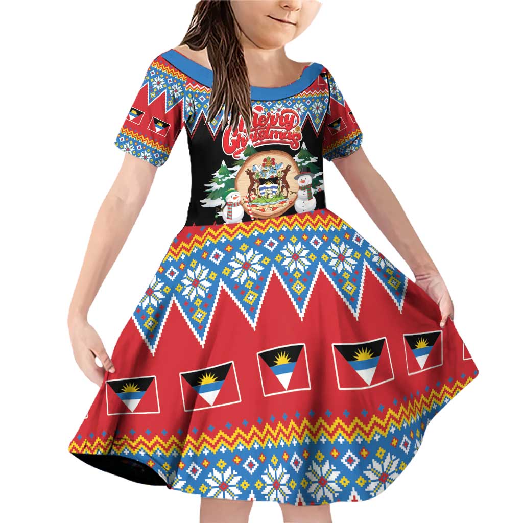 Personalized Antigua and Barbuda Christmas Family Matching Off Shoulder Short Dress and Hawaiian Shirt Coat Of Arms With Snowman - Wonder Print Shop
