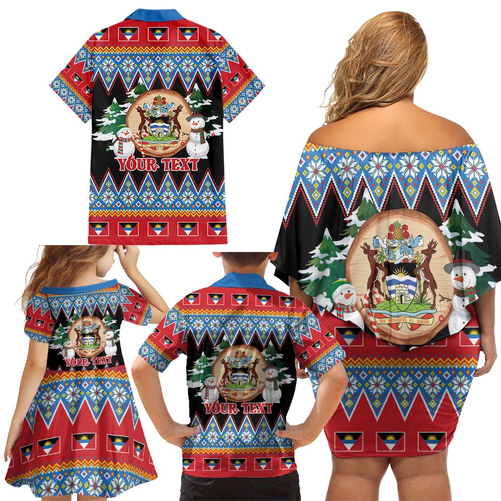 Personalized Antigua and Barbuda Christmas Family Matching Off Shoulder Short Dress and Hawaiian Shirt Coat Of Arms With Snowman - Wonder Print Shop