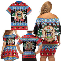 Personalized Antigua and Barbuda Christmas Family Matching Off Shoulder Short Dress and Hawaiian Shirt Coat Of Arms With Snowman - Wonder Print Shop