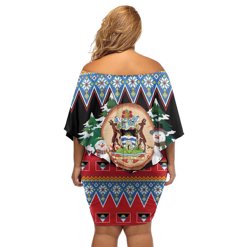 Personalized Antigua and Barbuda Christmas Family Matching Off Shoulder Short Dress and Hawaiian Shirt Coat Of Arms With Snowman - Wonder Print Shop