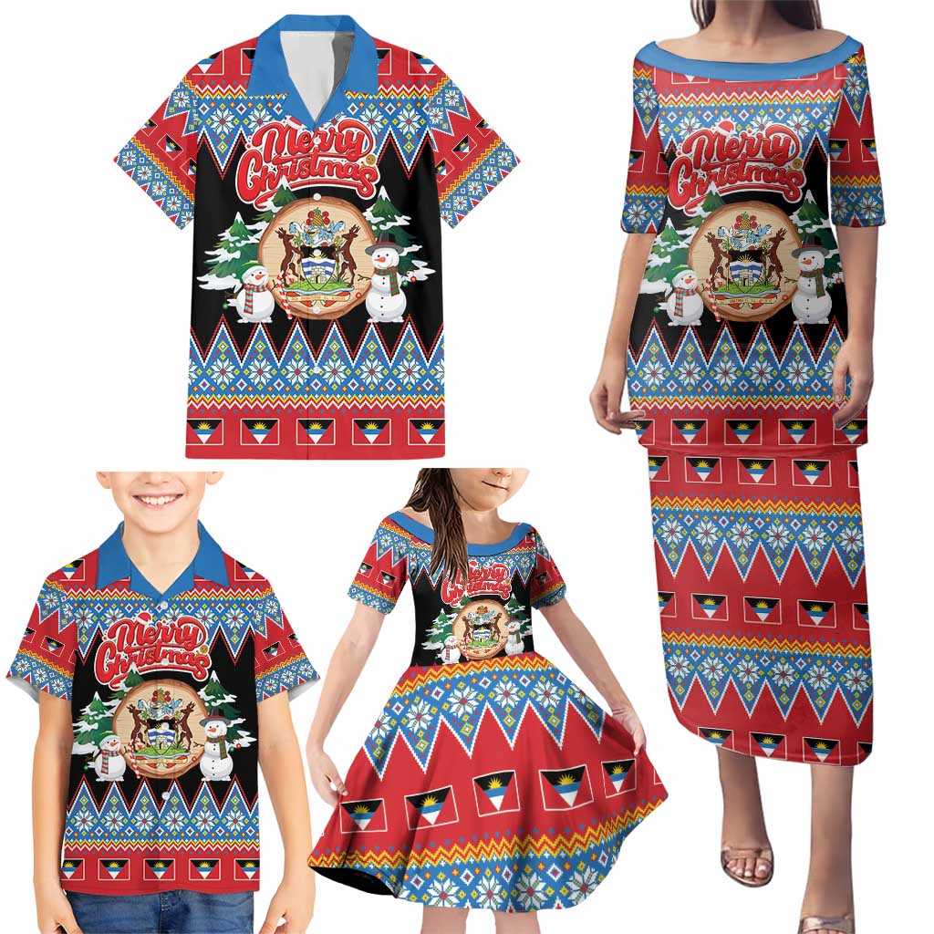 Personalized Antigua and Barbuda Christmas Family Matching Puletasi and Hawaiian Shirt Coat Of Arms With Snowman - Wonder Print Shop
