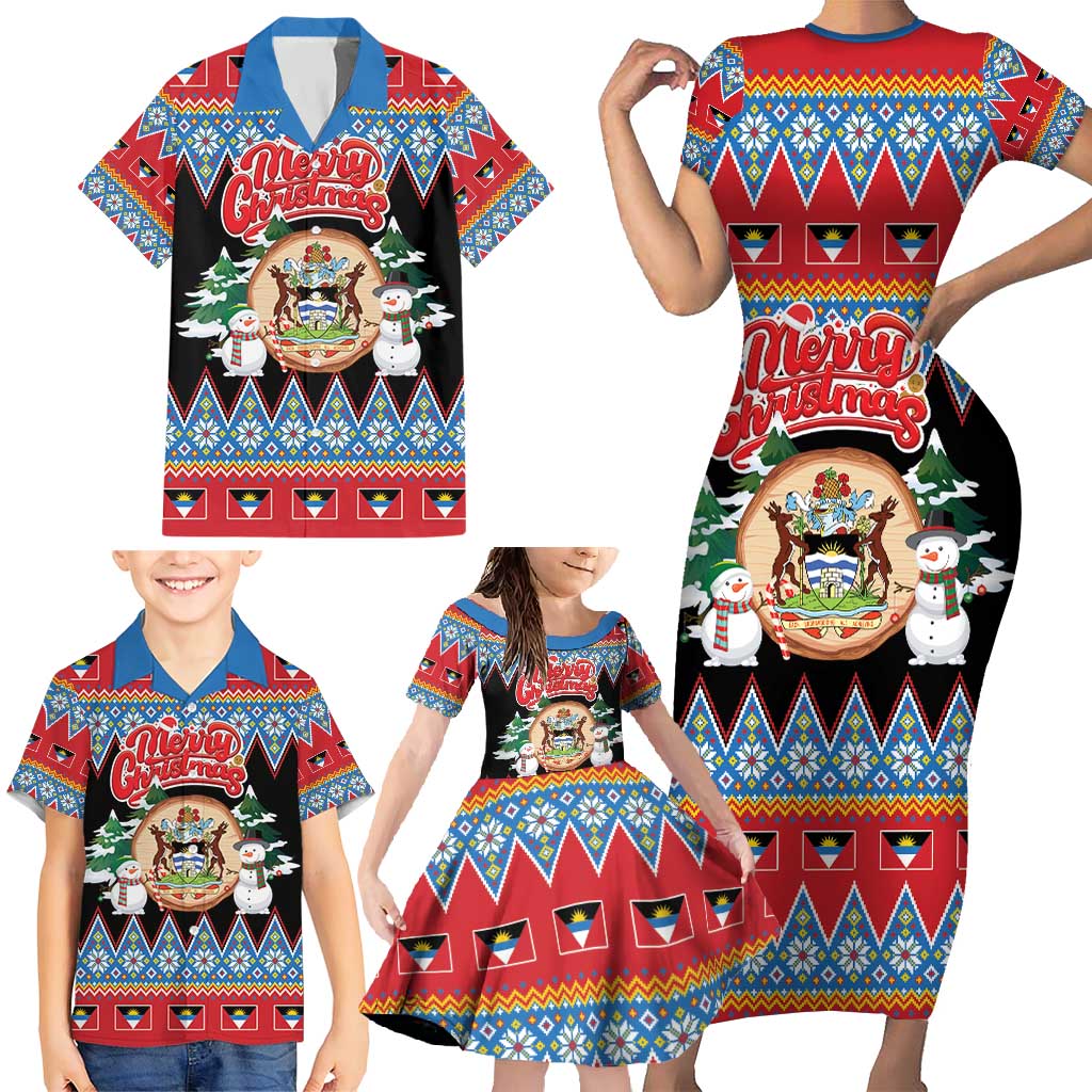 Personalized Antigua and Barbuda Christmas Family Matching Short Sleeve Bodycon Dress and Hawaiian Shirt Coat Of Arms With Snowman - Wonder Print Shop