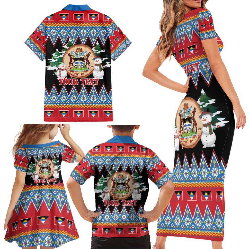 Personalized Antigua and Barbuda Christmas Family Matching Short Sleeve Bodycon Dress and Hawaiian Shirt Coat Of Arms With Snowman - Wonder Print Shop