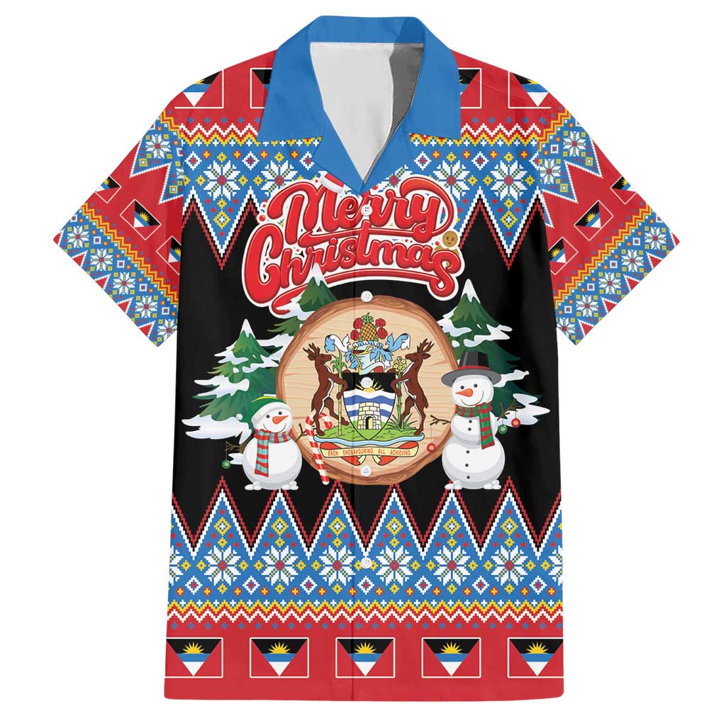 Personalized Antigua and Barbuda Christmas Family Matching Short Sleeve Bodycon Dress and Hawaiian Shirt Coat Of Arms With Snowman - Wonder Print Shop