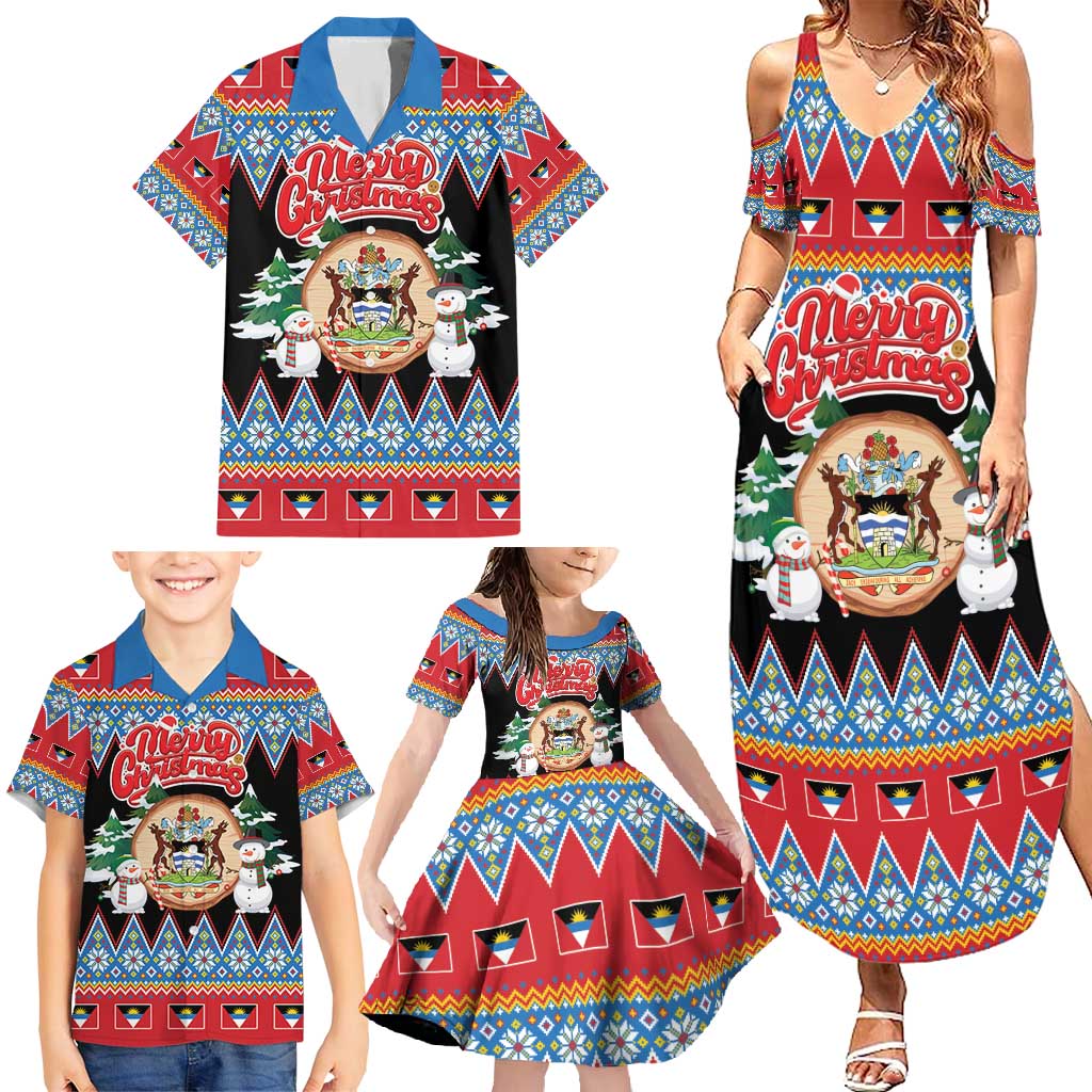 Personalized Antigua and Barbuda Christmas Family Matching Summer Maxi Dress and Hawaiian Shirt Coat Of Arms With Snowman - Wonder Print Shop
