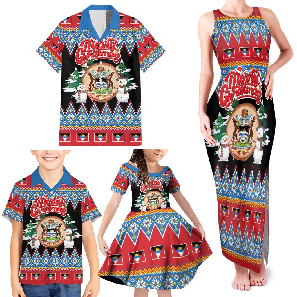 Personalized Antigua and Barbuda Christmas Family Matching Tank Maxi Dress and Hawaiian Shirt Coat Of Arms With Snowman - Wonder Print Shop