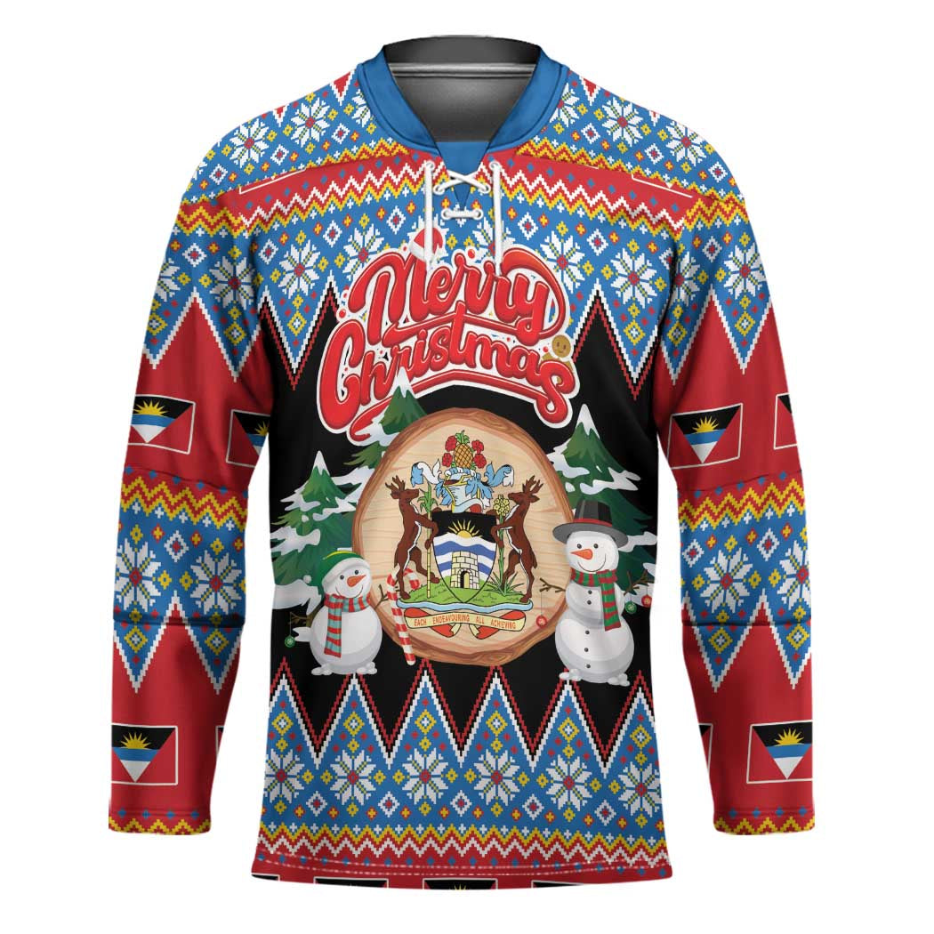 Personalized Antigua and Barbuda Christmas Hockey Jersey Coat Of Arms With Snowman - Wonder Print Shop