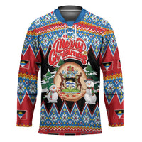 Personalized Antigua and Barbuda Christmas Hockey Jersey Coat Of Arms With Snowman - Wonder Print Shop