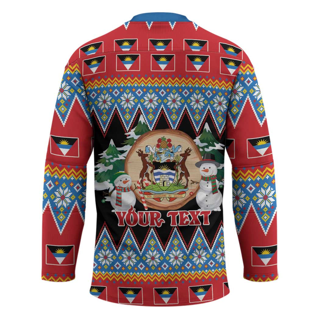 Personalized Antigua and Barbuda Christmas Hockey Jersey Coat Of Arms With Snowman - Wonder Print Shop