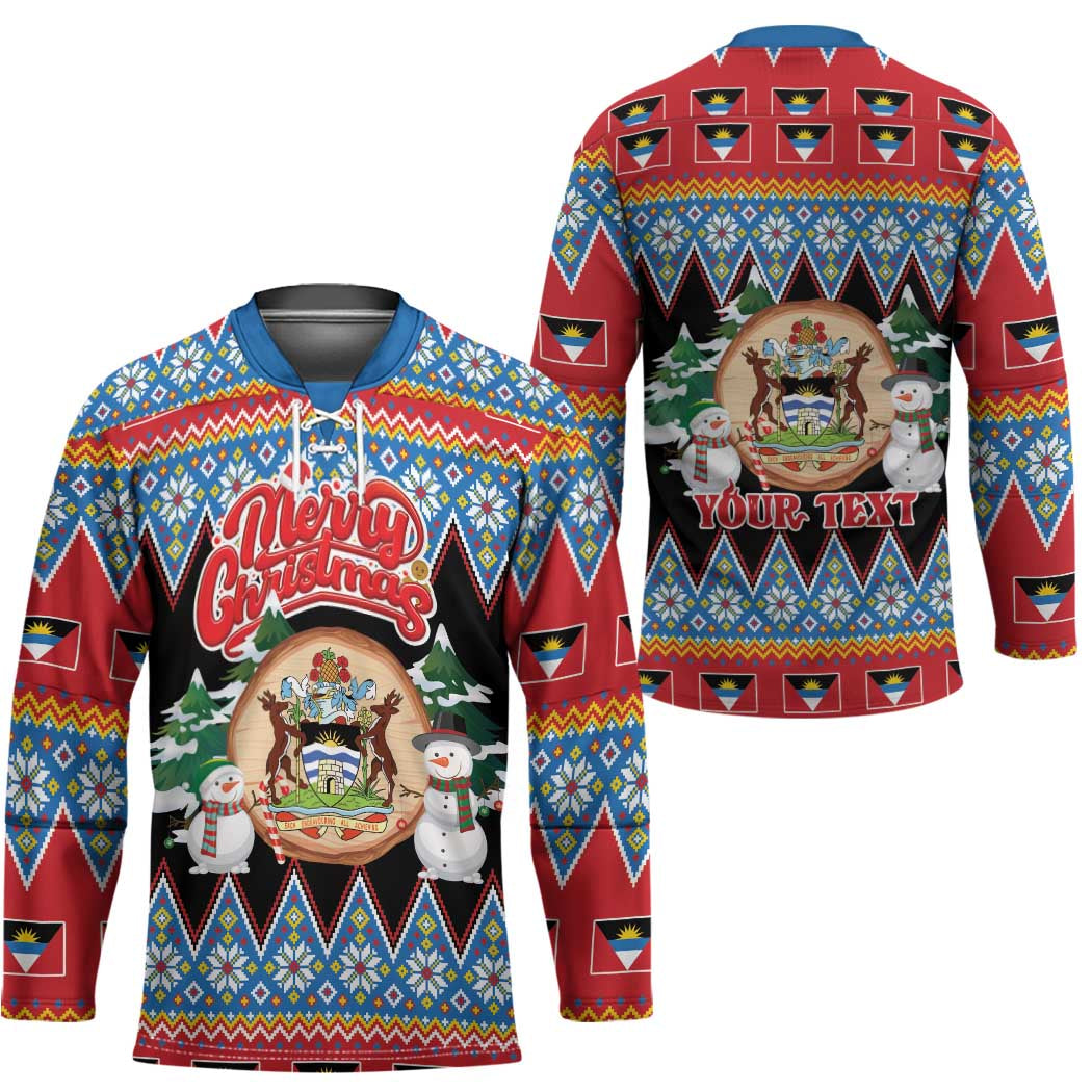 Personalized Antigua and Barbuda Christmas Hockey Jersey Coat Of Arms With Snowman - Wonder Print Shop