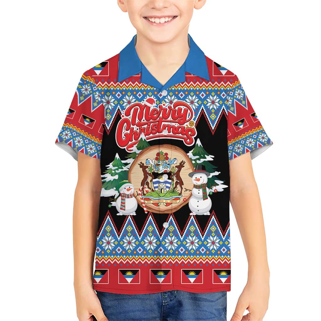 Personalized Antigua and Barbuda Christmas Kid Hawaiian Shirt Coat Of Arms With Snowman - Wonder Print Shop