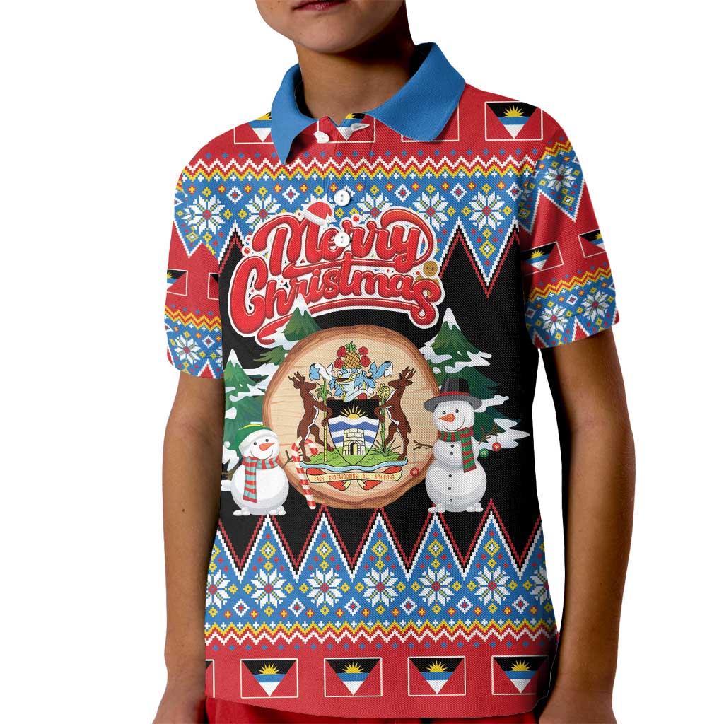 Personalized Antigua and Barbuda Christmas Kid Polo Shirt Coat Of Arms With Snowman - Wonder Print Shop