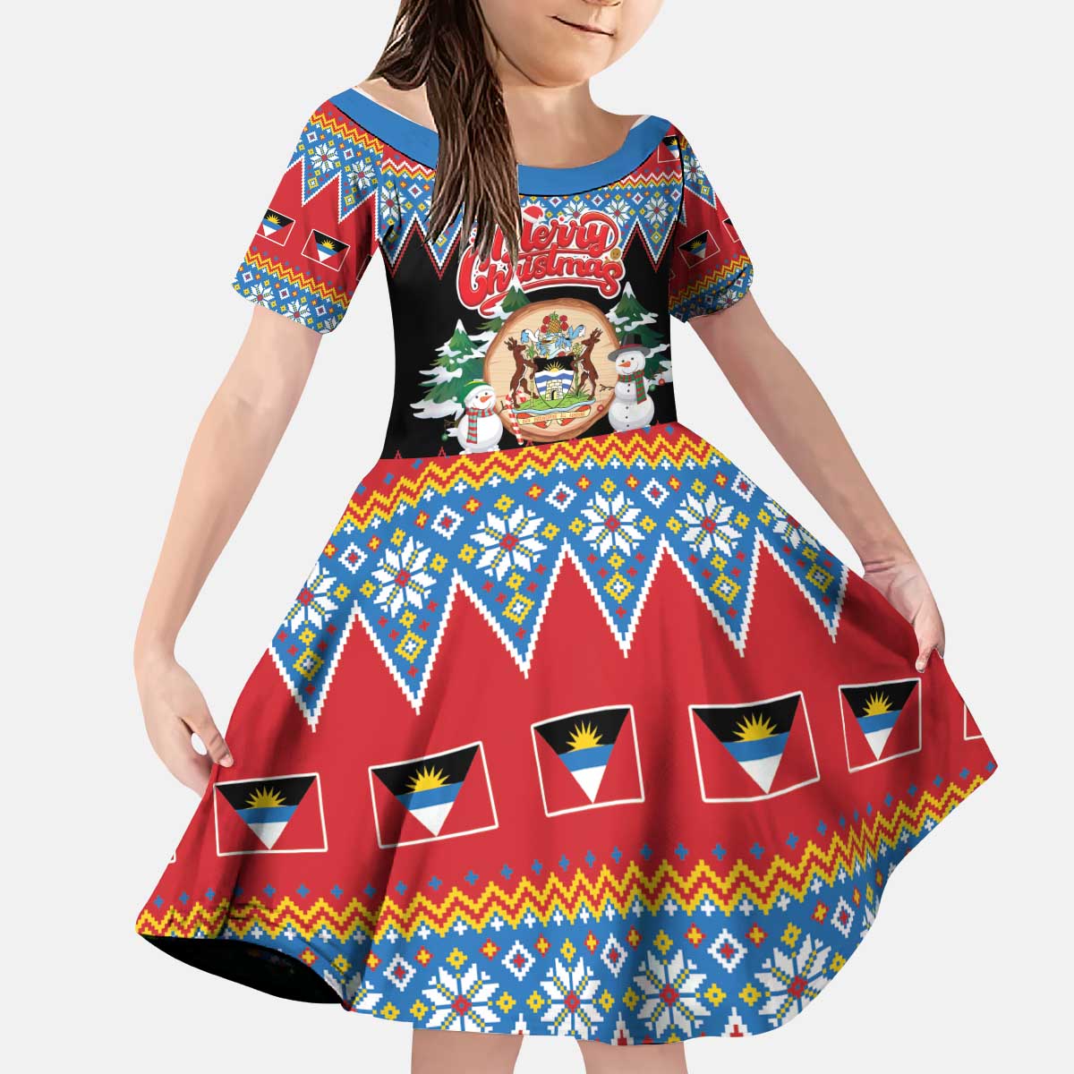 Personalized Antigua and Barbuda Christmas Kid Short Sleeve Dress Coat Of Arms With Snowman - Wonder Print Shop