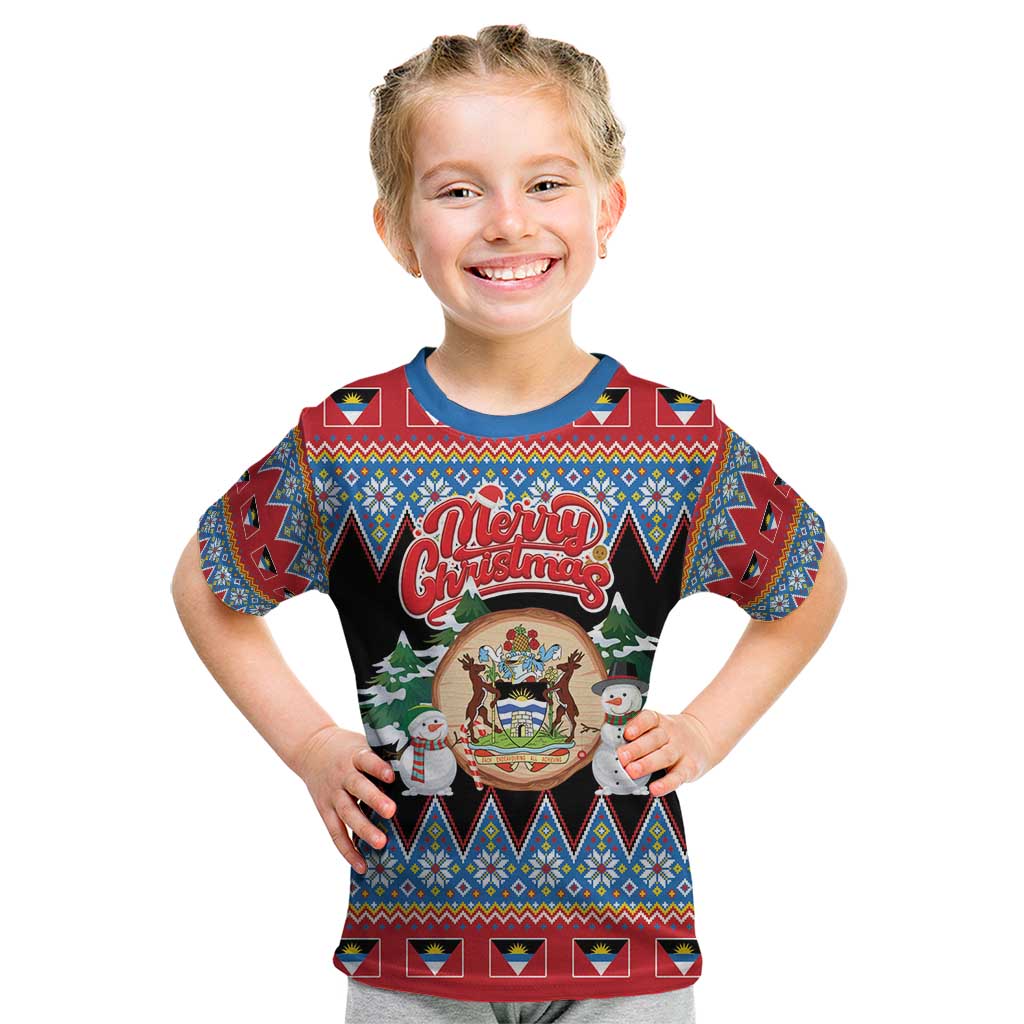 Personalized Antigua and Barbuda Christmas Kid T Shirt Coat Of Arms With Snowman - Wonder Print Shop
