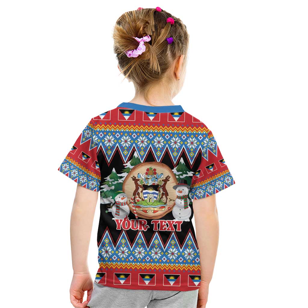 Personalized Antigua and Barbuda Christmas Kid T Shirt Coat Of Arms With Snowman - Wonder Print Shop