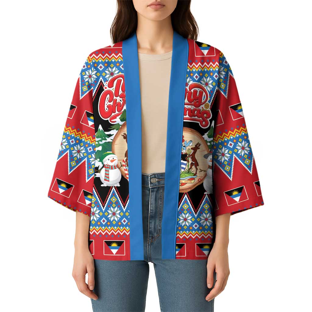 Personalized Antigua and Barbuda Christmas Kimono Coat Of Arms With Snowman - Wonder Print Shop