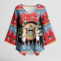 Personalized Antigua and Barbuda Christmas Kimono Sleeve Blouse Coat Of Arms With Snowman - Wonder Print Shop