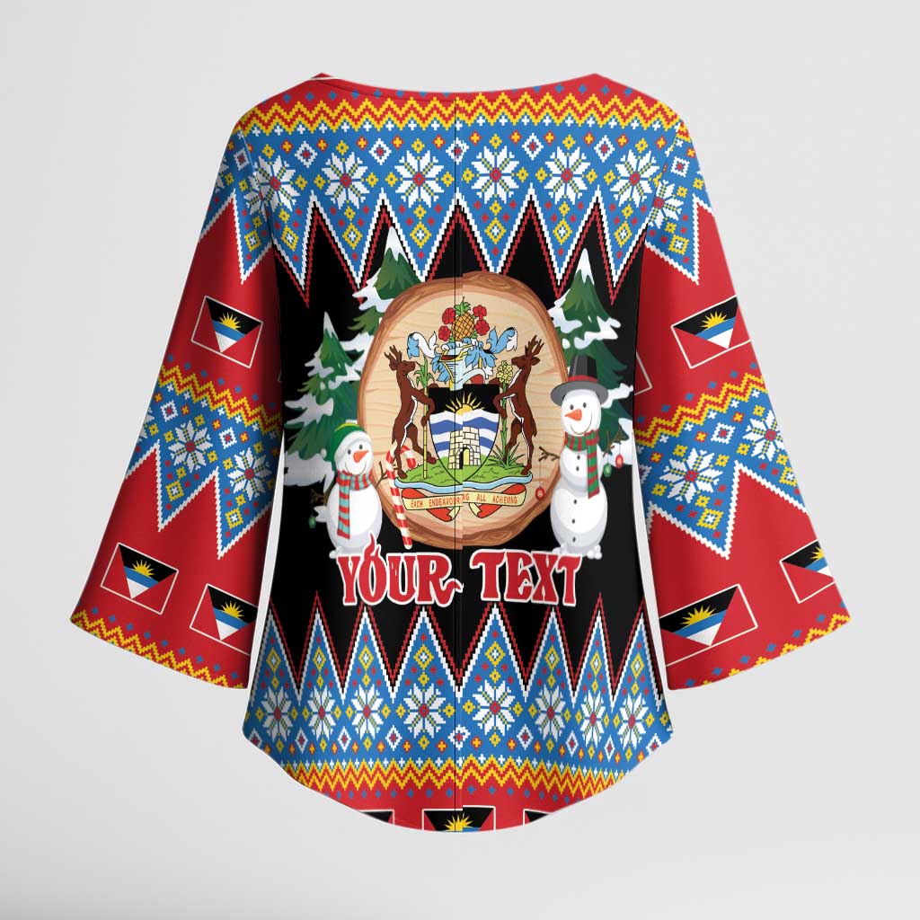 Personalized Antigua and Barbuda Christmas Kimono Sleeve Blouse Coat Of Arms With Snowman - Wonder Print Shop