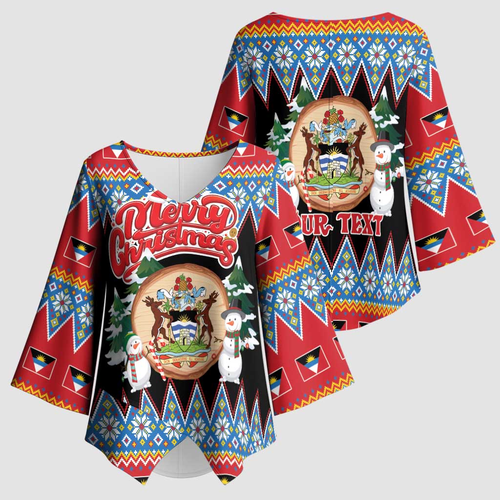 Personalized Antigua and Barbuda Christmas Kimono Sleeve Blouse Coat Of Arms With Snowman - Wonder Print Shop