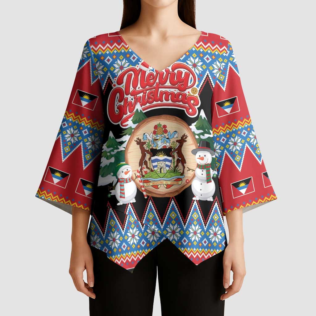 Personalized Antigua and Barbuda Christmas Kimono Sleeve Blouse Coat Of Arms With Snowman - Wonder Print Shop