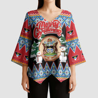 Personalized Antigua and Barbuda Christmas Kimono Sleeve Blouse Coat Of Arms With Snowman - Wonder Print Shop