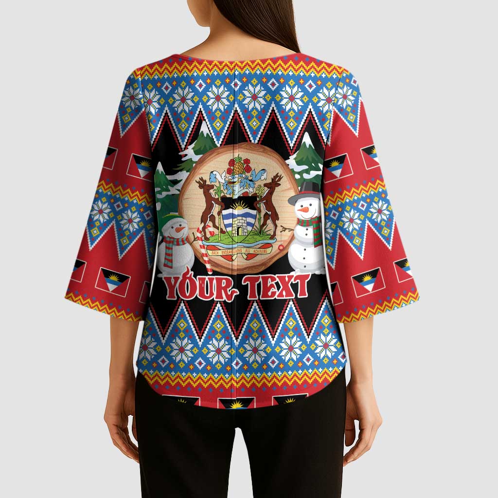 Personalized Antigua and Barbuda Christmas Kimono Sleeve Blouse Coat Of Arms With Snowman - Wonder Print Shop