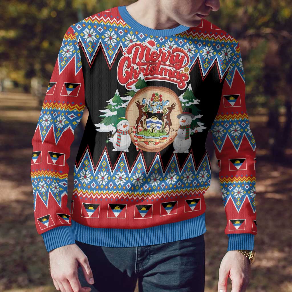 Antigua and Barbuda Christmas Ugly Christmas Sweater Coat Of Arms With Snowman - Wonder Print Shop