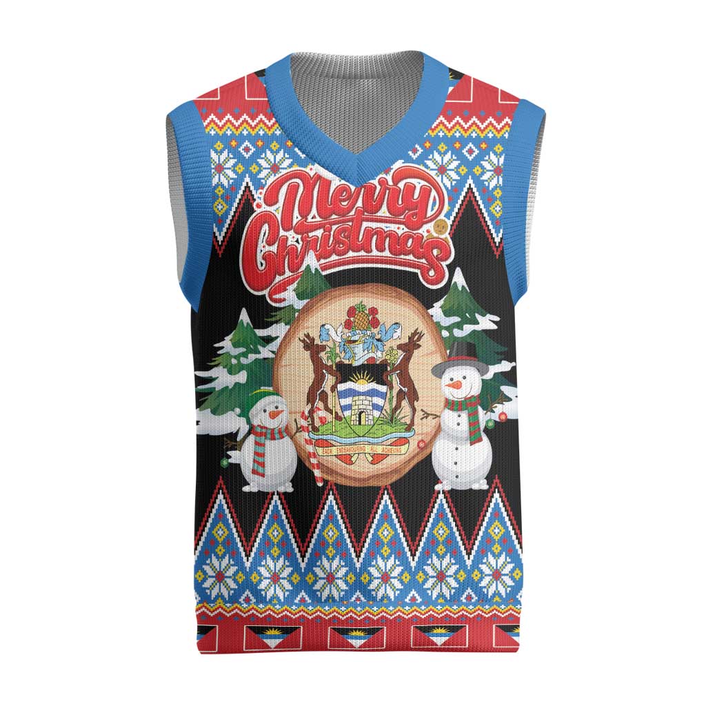 Antigua and Barbuda Christmas Knitted V-Neck Vest Coat Of Arms With Snowman - Wonder Print Shop