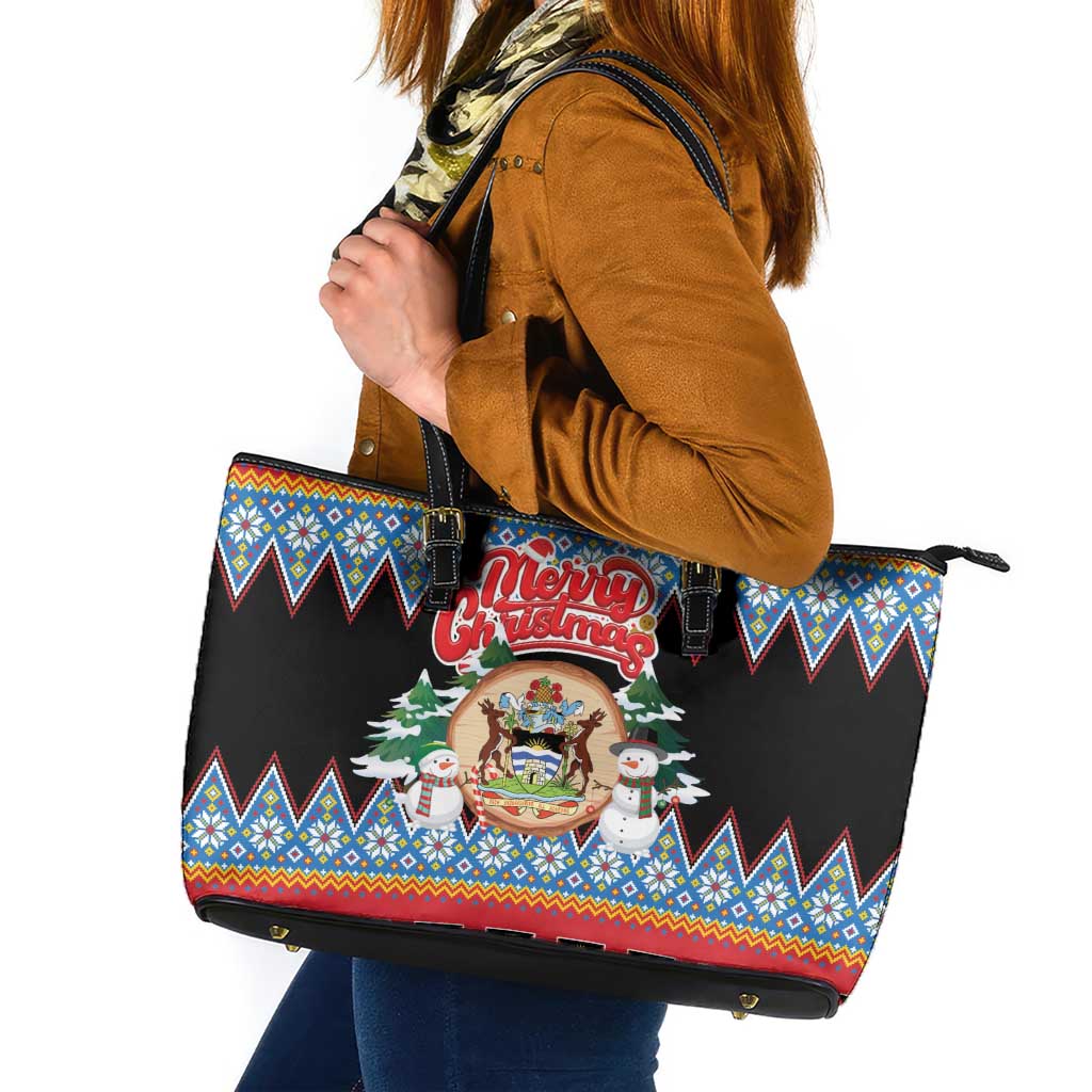 Antigua and Barbuda Christmas Leather Tote Bag Coat Of Arms With Snowman - Wonder Print Shop