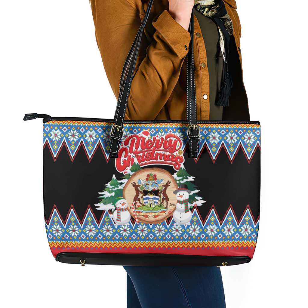 Antigua and Barbuda Christmas Leather Tote Bag Coat Of Arms With Snowman - Wonder Print Shop