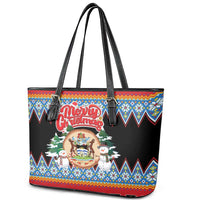 Antigua and Barbuda Christmas Leather Tote Bag Coat Of Arms With Snowman - Wonder Print Shop