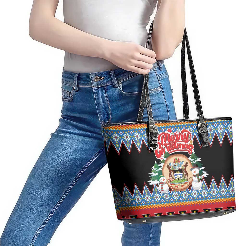 Antigua and Barbuda Christmas Leather Tote Bag Coat Of Arms With Snowman - Wonder Print Shop