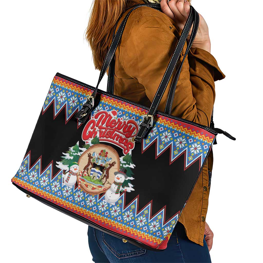 Antigua and Barbuda Christmas Leather Tote Bag Coat Of Arms With Snowman - Wonder Print Shop