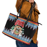 Antigua and Barbuda Christmas Leather Tote Bag Coat Of Arms With Snowman - Wonder Print Shop