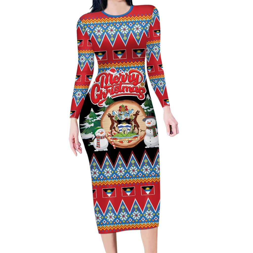 Personalized Antigua and Barbuda Christmas Long Sleeve Bodycon Dress Coat Of Arms With Snowman - Wonder Print Shop