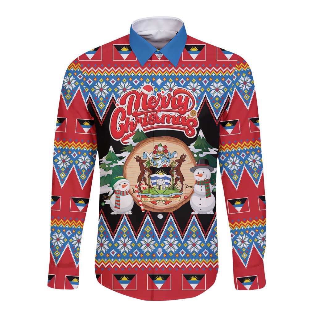 Personalized Antigua and Barbuda Christmas Long Sleeve Button Shirt Coat Of Arms With Snowman - Wonder Print Shop