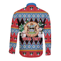 Personalized Antigua and Barbuda Christmas Long Sleeve Button Shirt Coat Of Arms With Snowman - Wonder Print Shop