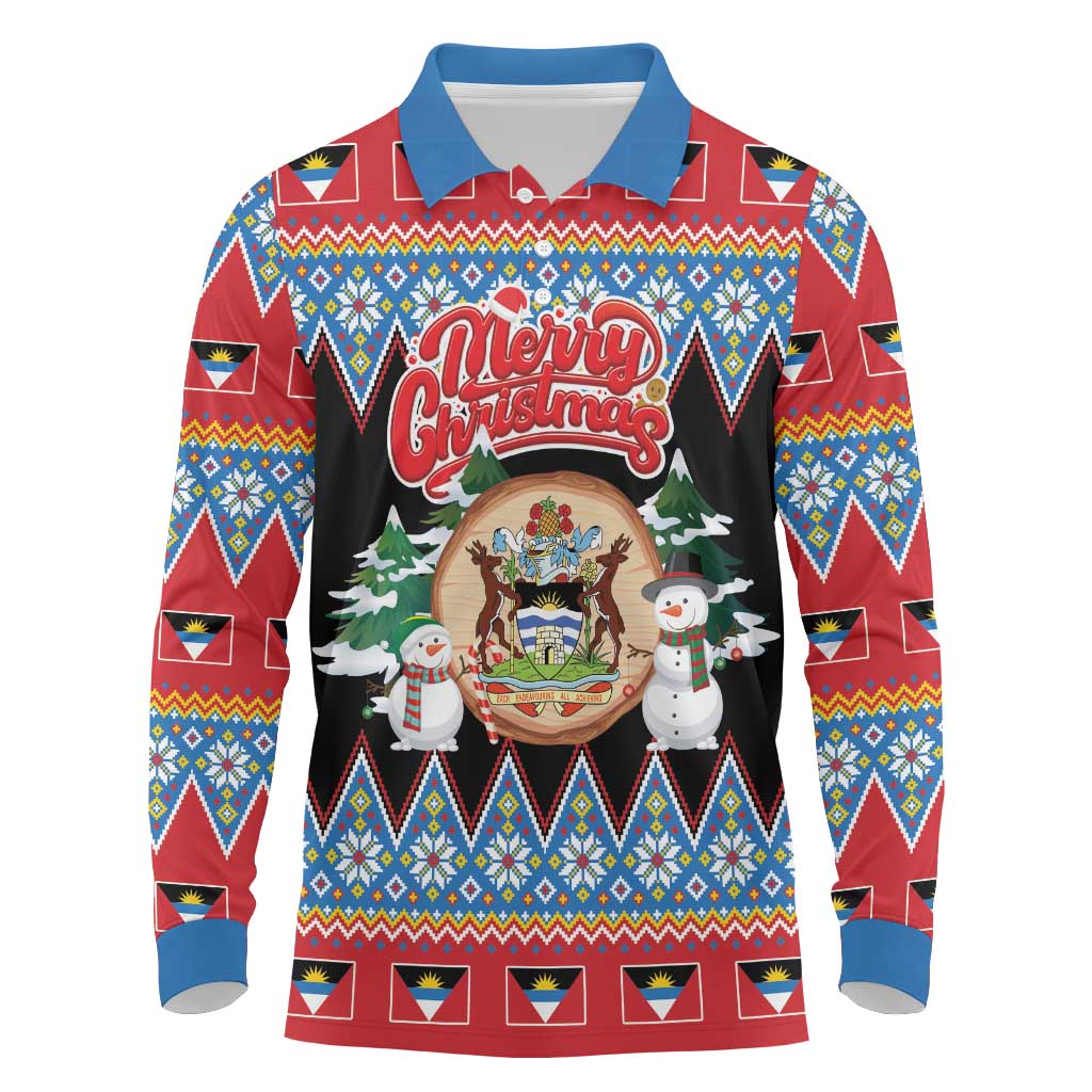 Personalized Antigua and Barbuda Christmas Long Sleeve Polo Shirt Coat Of Arms With Snowman - Wonder Print Shop