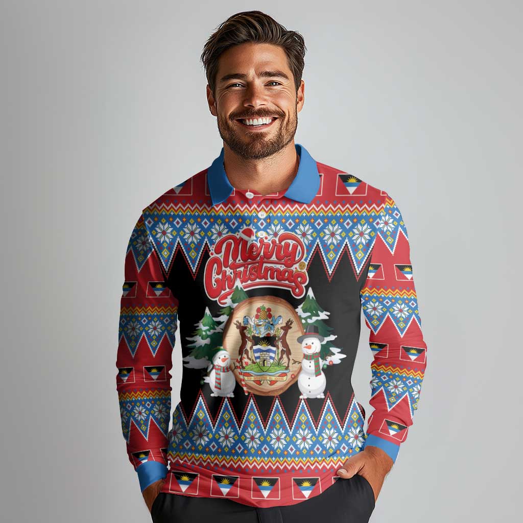 Personalized Antigua and Barbuda Christmas Long Sleeve Polo Shirt Coat Of Arms With Snowman - Wonder Print Shop
