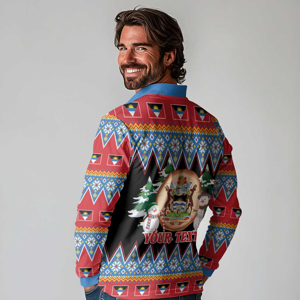 Personalized Antigua and Barbuda Christmas Long Sleeve Polo Shirt Coat Of Arms With Snowman - Wonder Print Shop