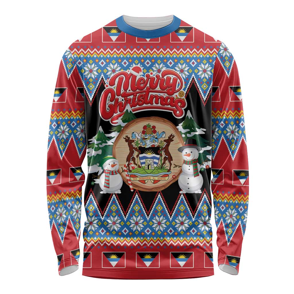 Personalized Antigua and Barbuda Christmas Long Sleeve Shirt Coat Of Arms With Snowman - Wonder Print Shop