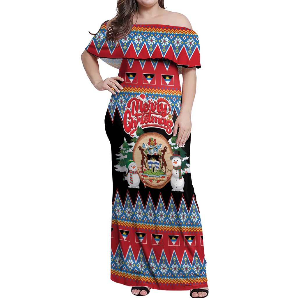 Personalized Antigua and Barbuda Christmas Off Shoulder Maxi Dress Coat Of Arms With Snowman - Wonder Print Shop