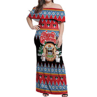 Personalized Antigua and Barbuda Christmas Off Shoulder Maxi Dress Coat Of Arms With Snowman - Wonder Print Shop