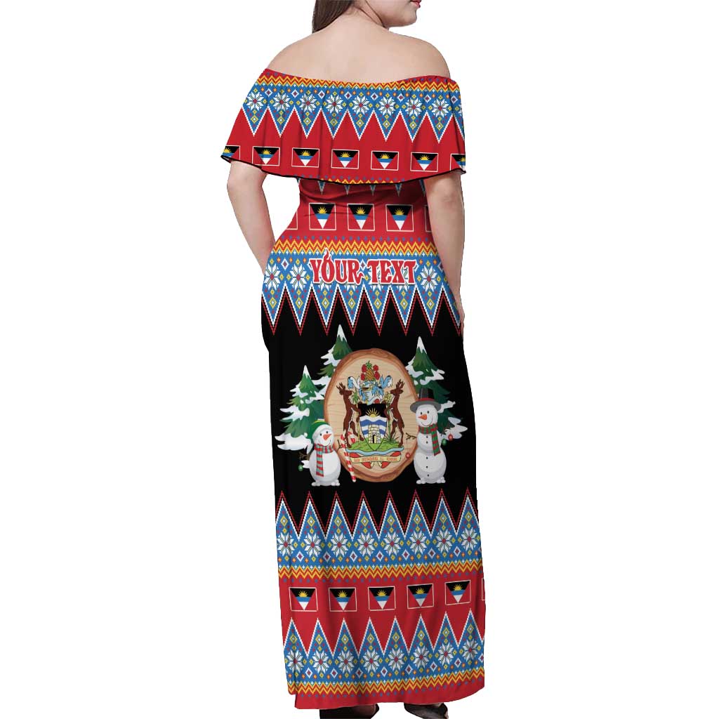 Personalized Antigua and Barbuda Christmas Off Shoulder Maxi Dress Coat Of Arms With Snowman - Wonder Print Shop
