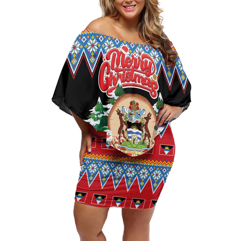 Personalized Antigua and Barbuda Christmas Off Shoulder Short Dress Coat Of Arms With Snowman - Wonder Print Shop